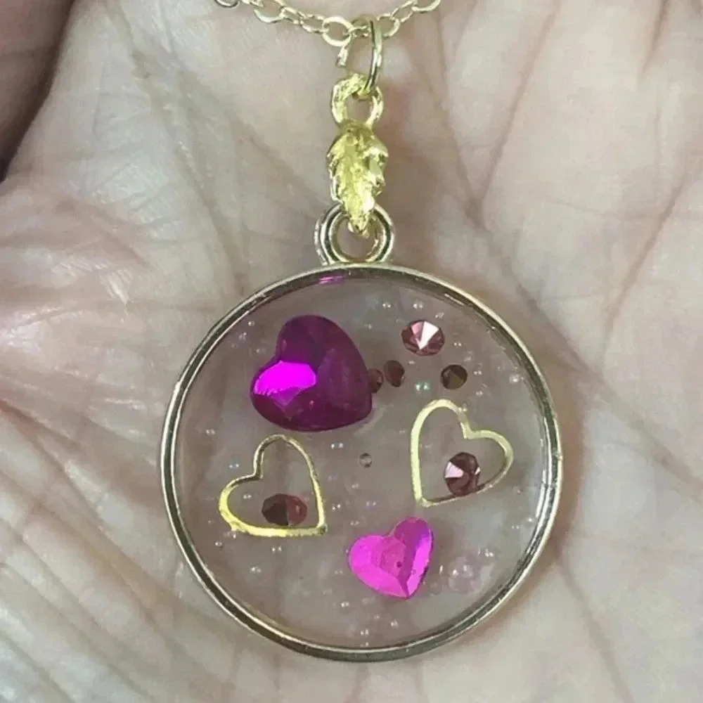 Handmade Pink Hearts Valentines Love Sparkle Coquette Resin Gold Necklace New